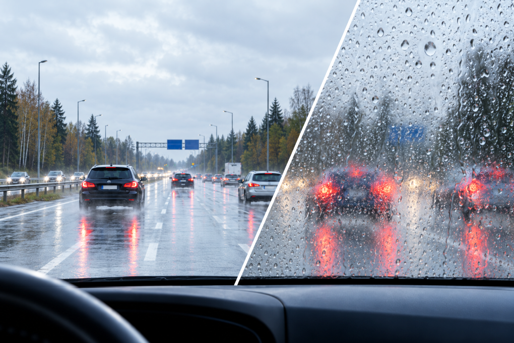 Windshield in rain from the driver's seat: the treated left side is crystal clear, the untreated right side is covered in drops that blur the traffic ahead
